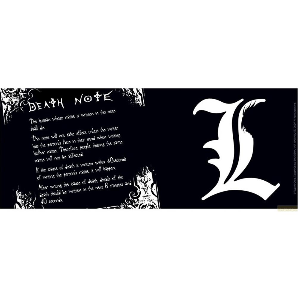 Schwarz mit weißem 'L' und Text über die Regeln von Death Note.