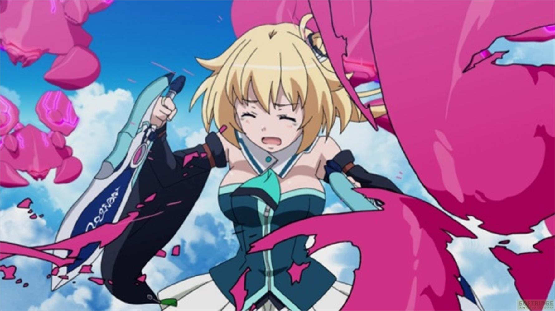 Una ragazza anime bionda combatte creature rosa nel cielo.