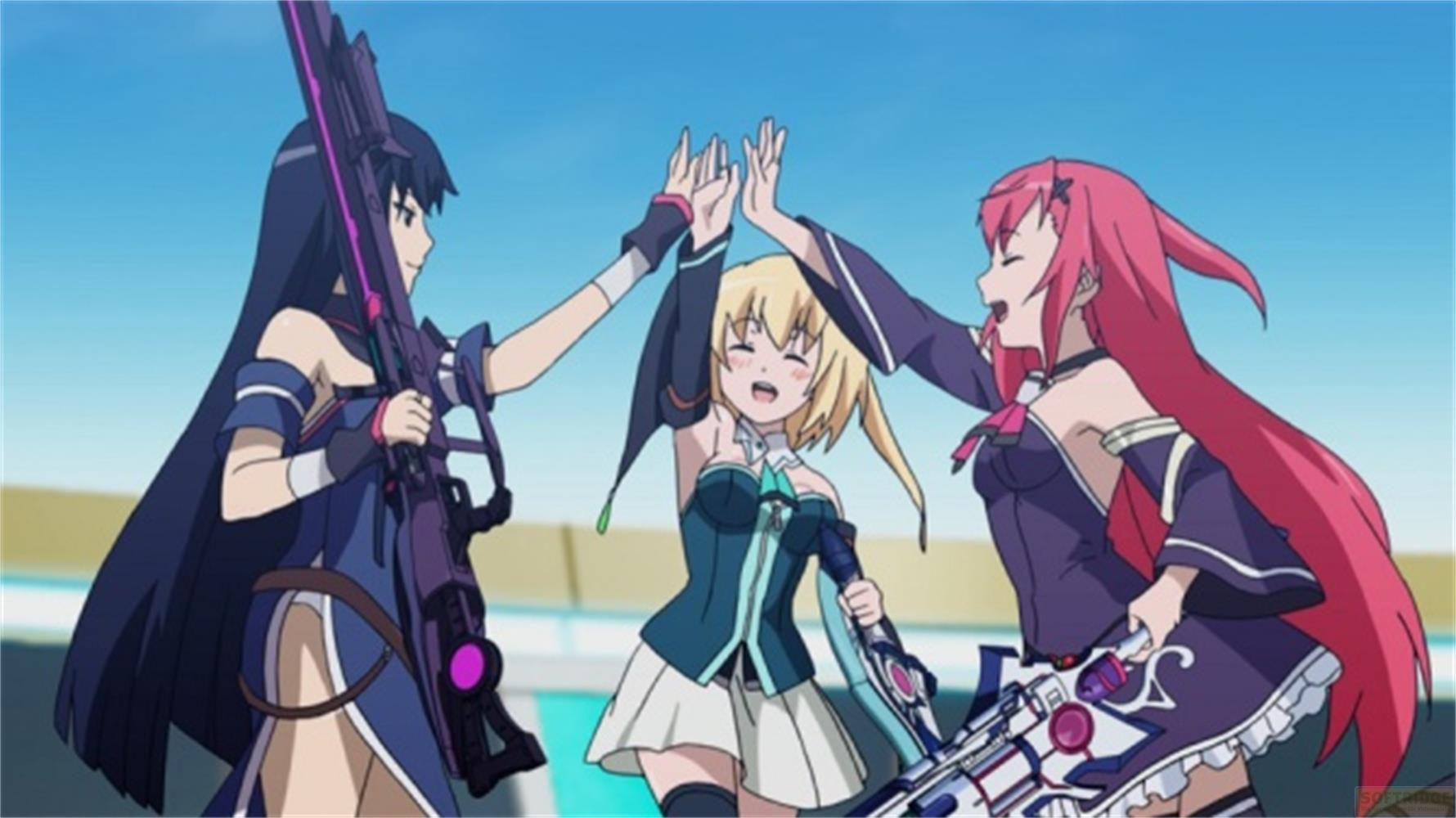 Tre ragazze in stile anime con armi si danno il cinque sotto il cielo.