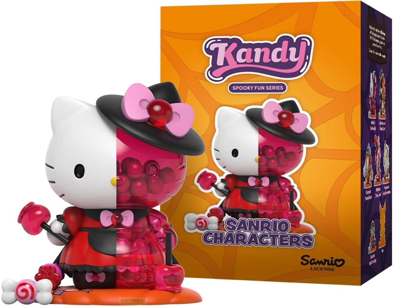 Figurine d'Halloween Hello Kitty en robe rouge avec corps transparent rempli de bonbons.