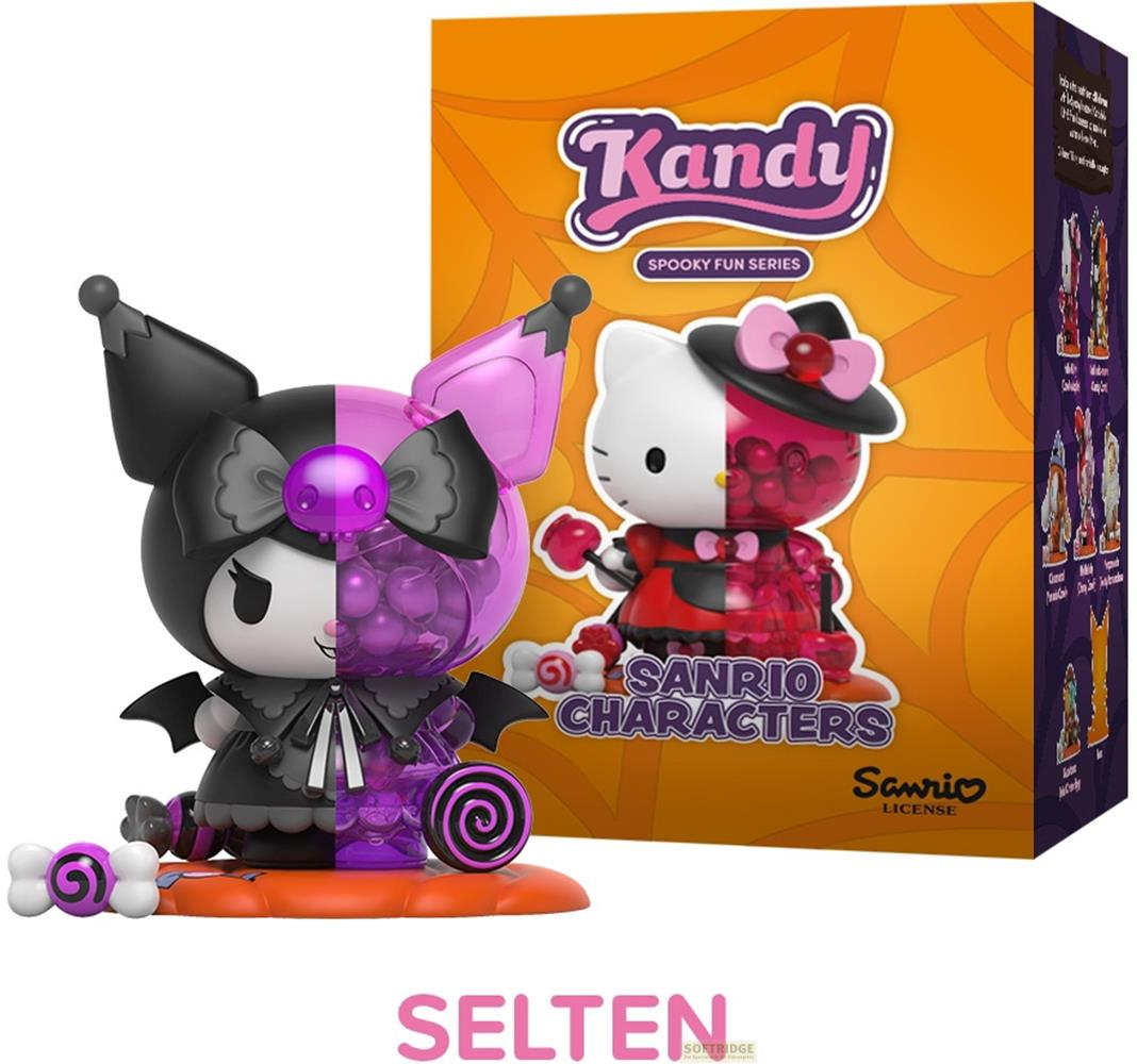 Une figurine mi-Kuromi à fourrure noire et corps violet, à côté d'une figurine Hello Kitty en robe rouge.