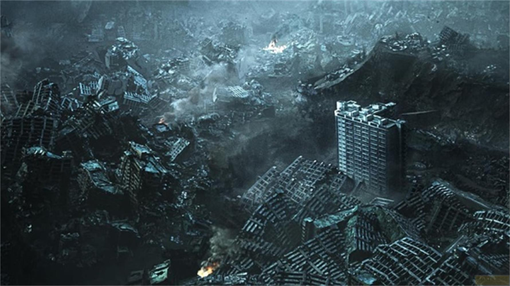 Una città distrutta con edifici crollati e fumo.
