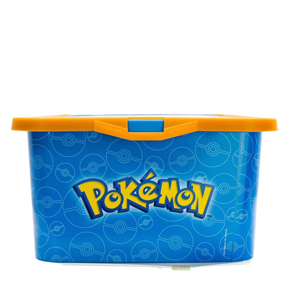 Eine blaue Pokémon-Aufbewahrungsbox mit gelbem Logo und orangefarbenem Deckel.