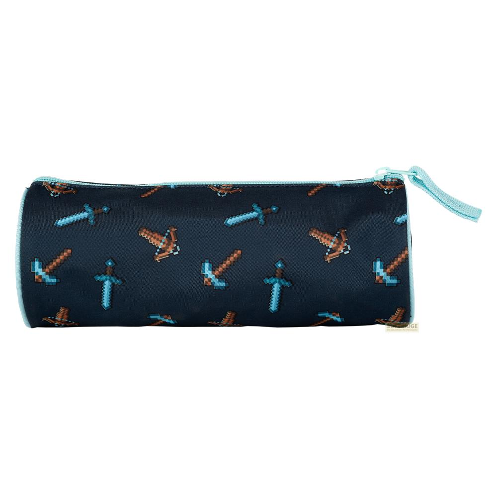 Astuccio blu scuro con fantasia pixel di spade e picconi.