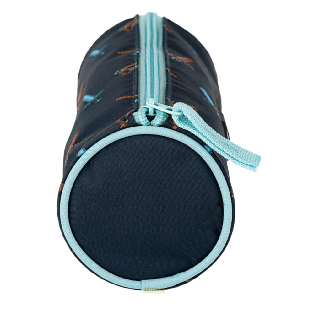 Astuccio blu scuro con motivo aereo e zip azzurra.
