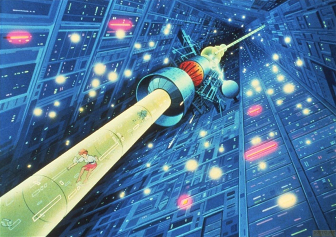 Une fille dans un système de tubes lumineux traverse une ville futuriste aux bâtiments bleus.