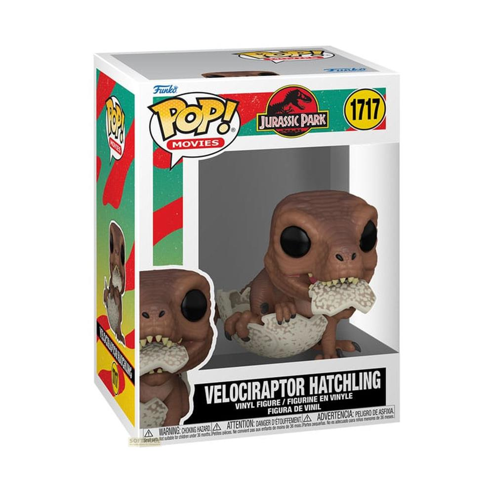 Una figura de vinilo Pop! de Velociraptor Hatchling de Jurassic Park, marrón, en su caja.