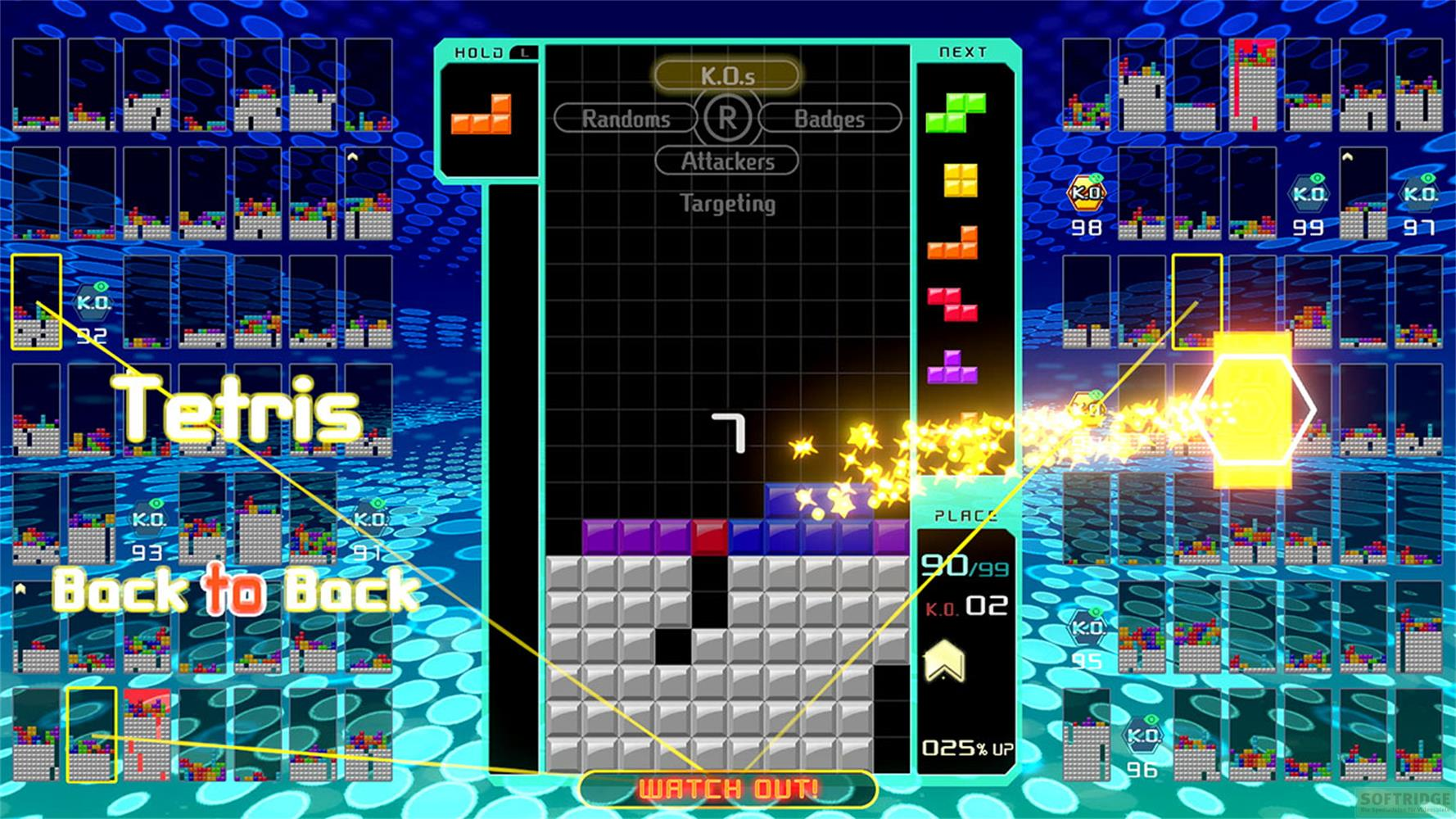 Gioco Tetris con blocchi colorati e punteggi visualizzati.