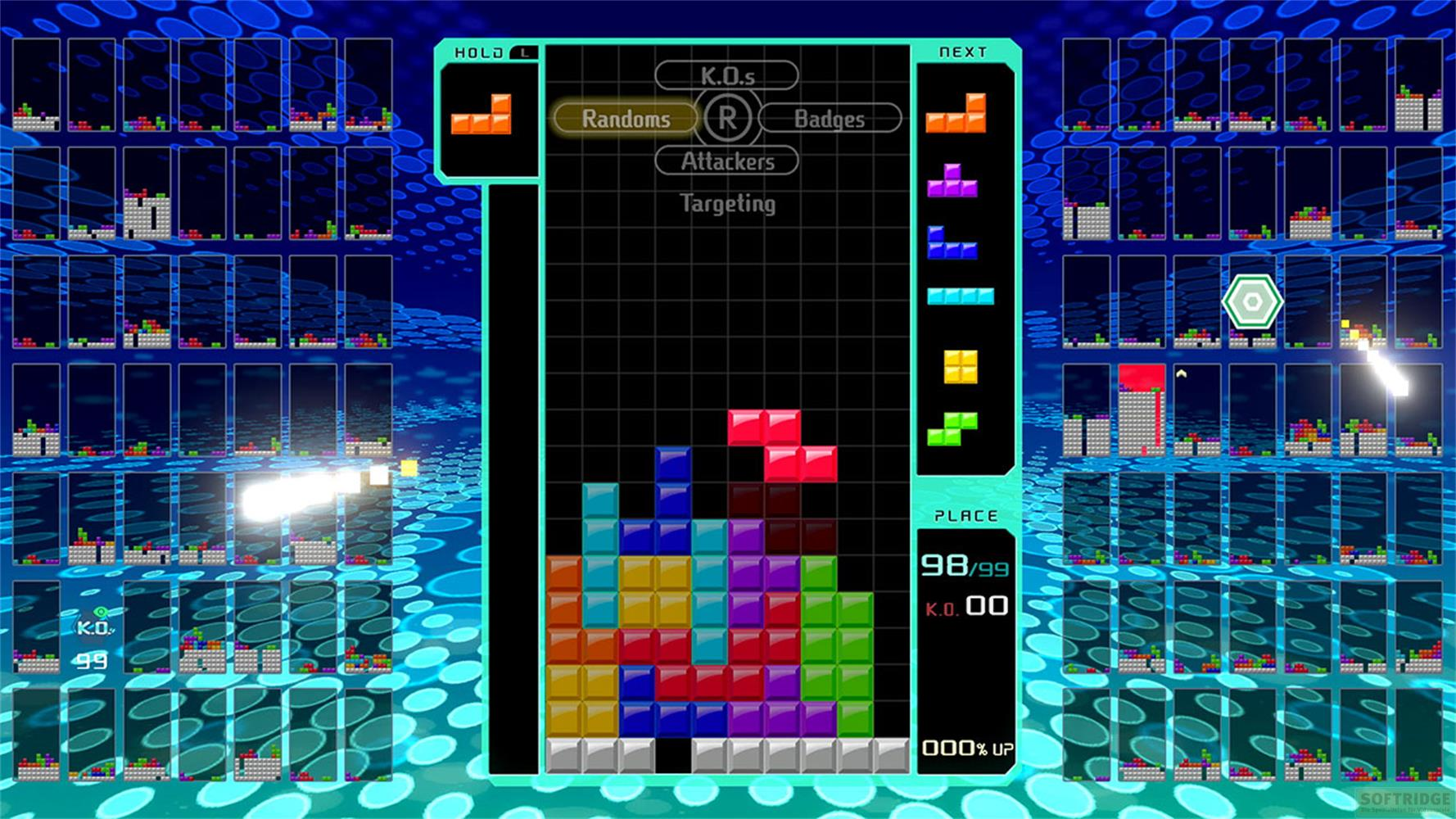 Gioco Tetris con blocchi colorati, punteggio 98/99.