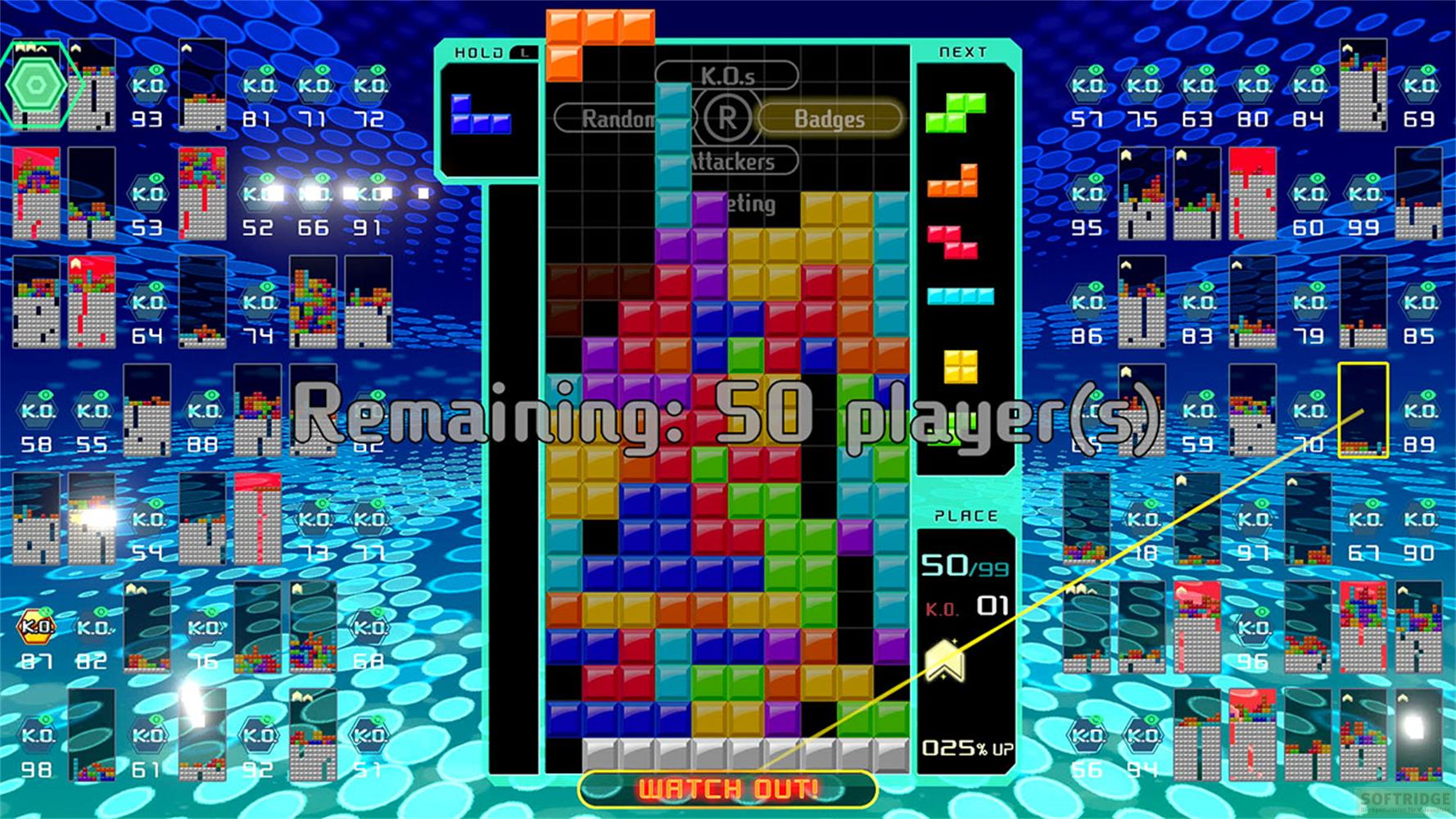 Un gioco Tetris con 50 giocatori rimasti. Blocchi colorati cadono.