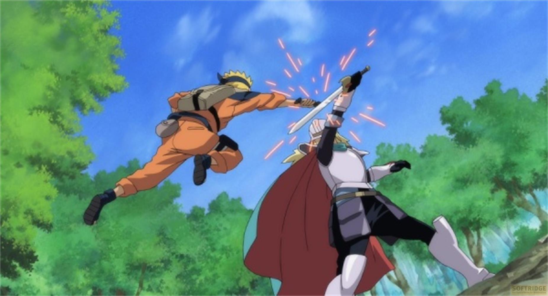 Due personaggi anime combattono con le spade in una foresta sotto un cielo blu.