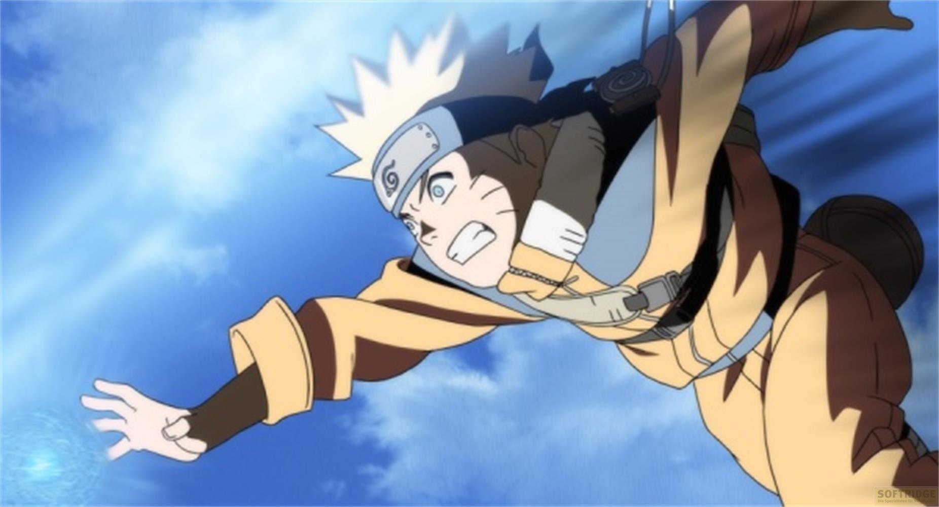 Naruto Uzumaki salta nel cielo blu, tenendo una palla d'acqua blu in mano.