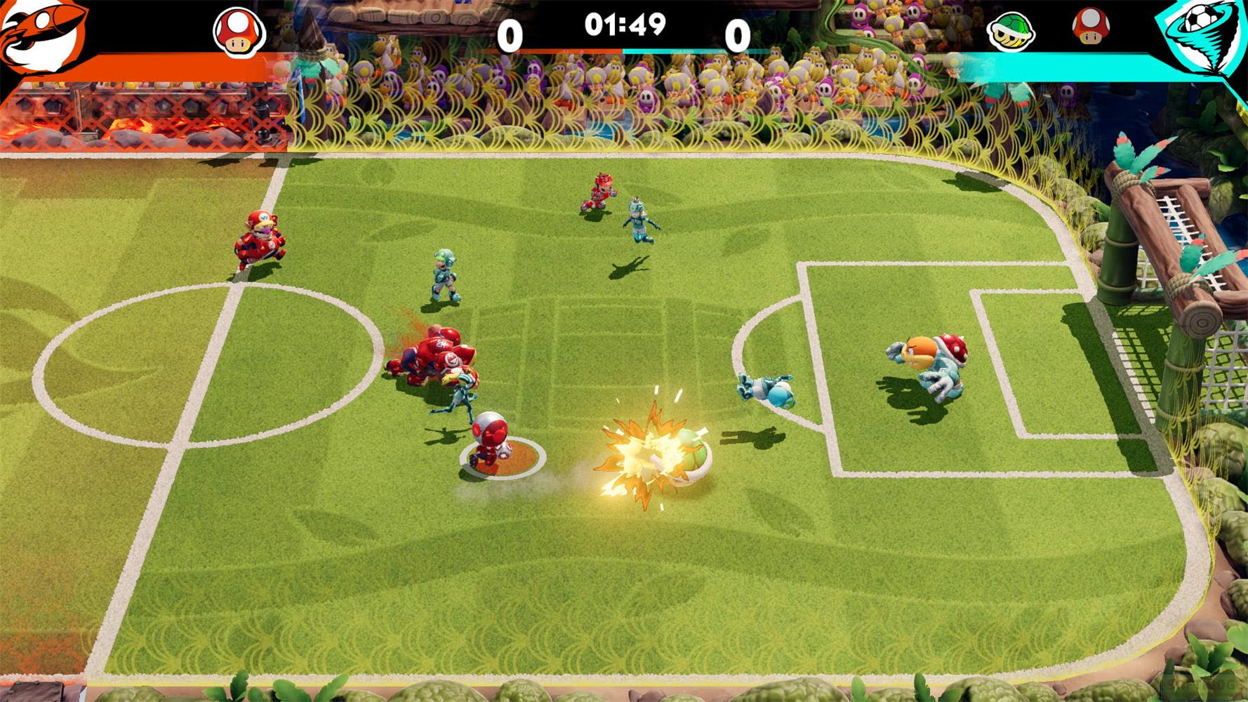 Personaggi di Mario giocano a calcio su un campo verde con spettatori.