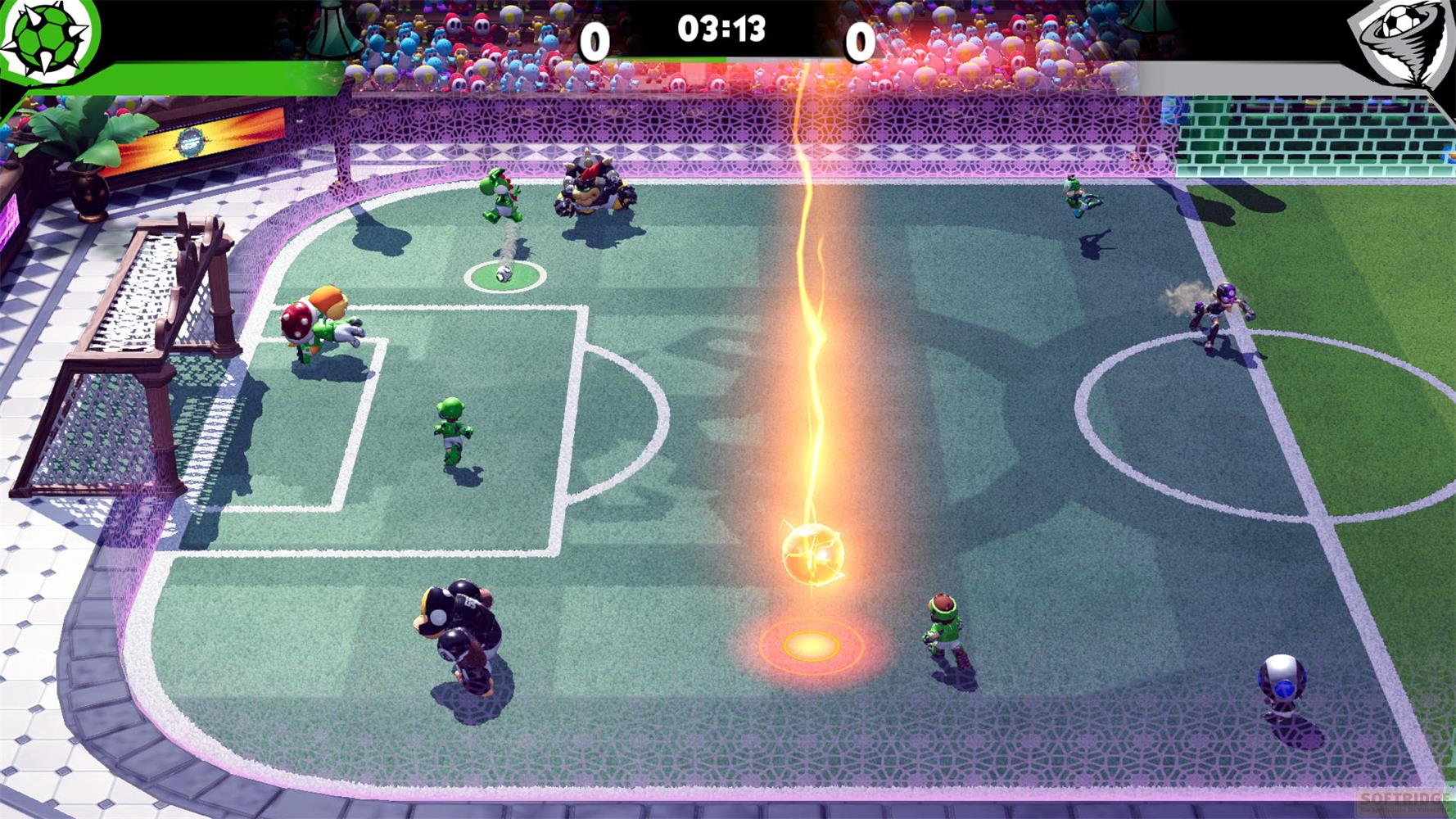 Personaggi di Mario giocano a calcio in un'arena con spettatori e un fulmine.