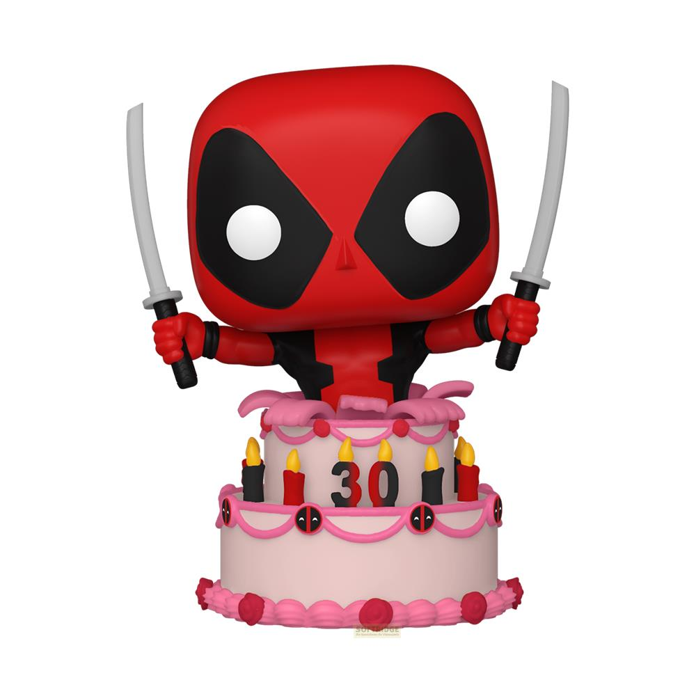 Action figure di Deadpool su torta 30 anni con due spade.