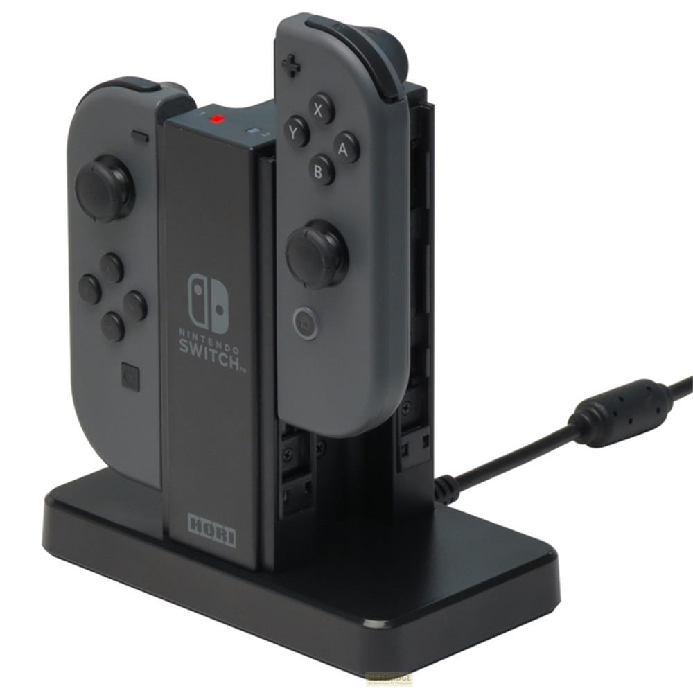 Supporto di ricarica Hori grigio per Joy-Con Nintendo Switch con cavo collegato.
