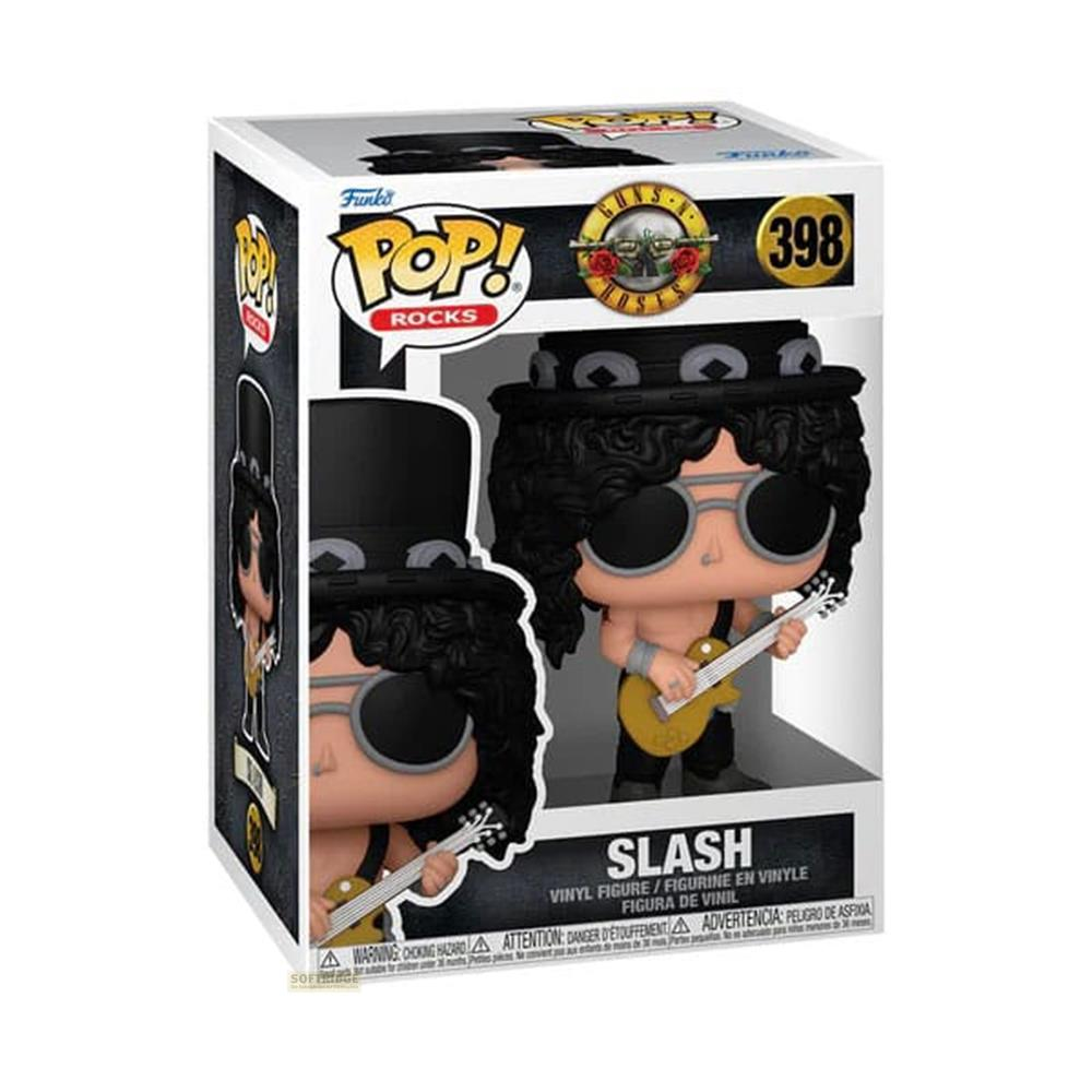 Funko Pop Vinyl Figur von Slash mit Gitarre in OVP. Schwarzes Haar, Hut, Sonnenbrille.
