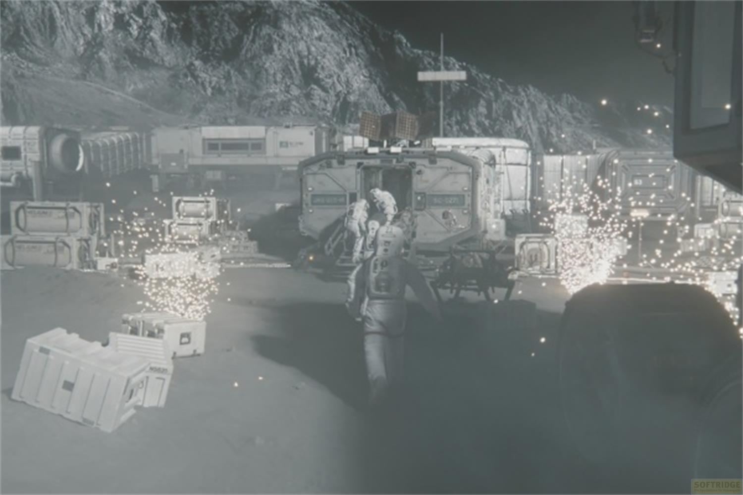 Astronauti in un avamposto lunare con moduli e casse.