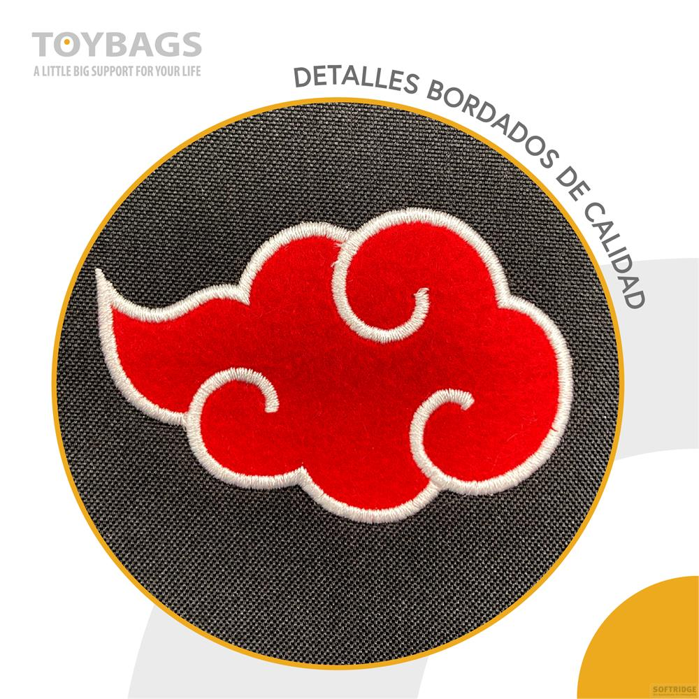 Un emblema a nuvola rossa Akatsuki con bordo bianco su tessuto nero.