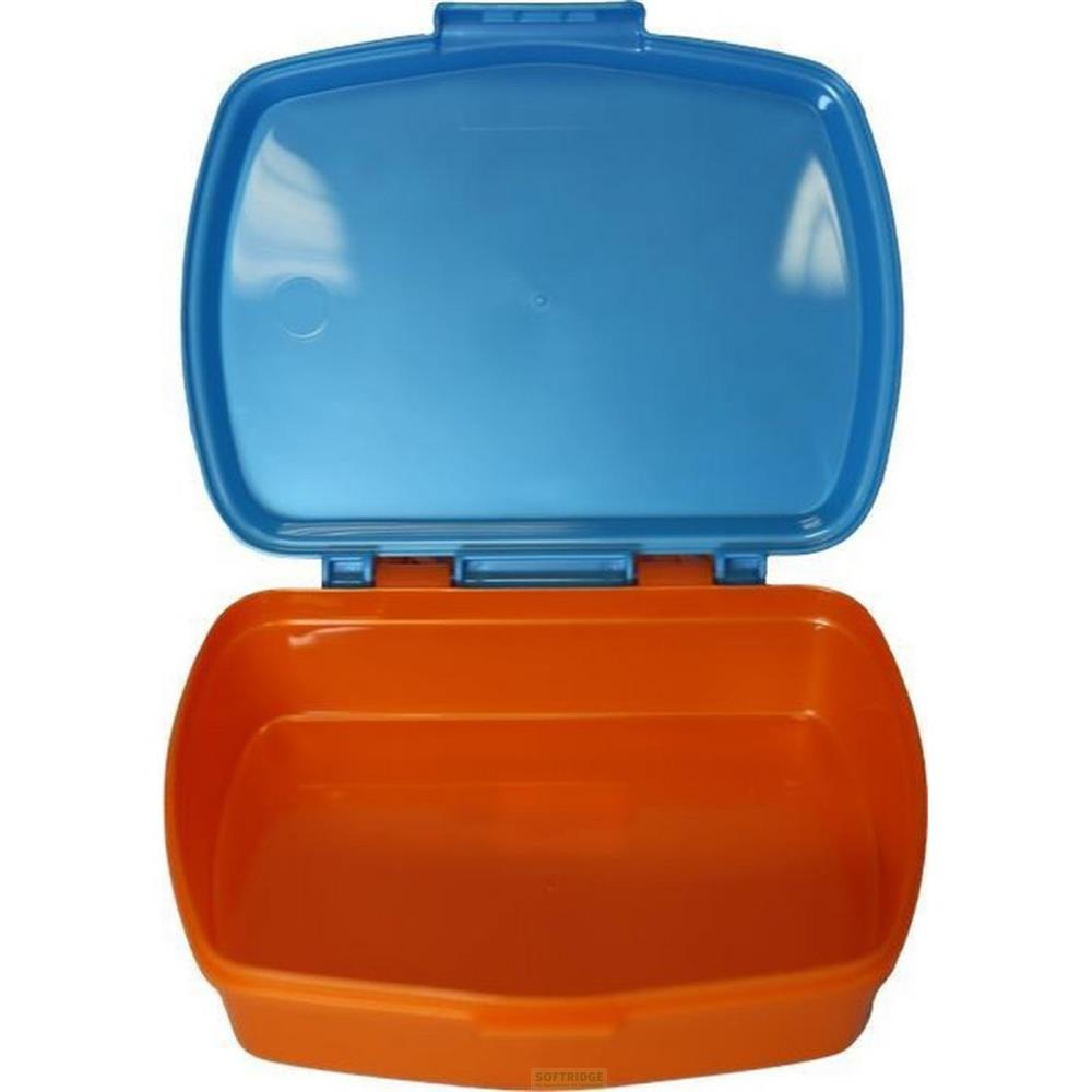 Ein orangefarbener Behälter mit blauem Deckel, der offen ist.