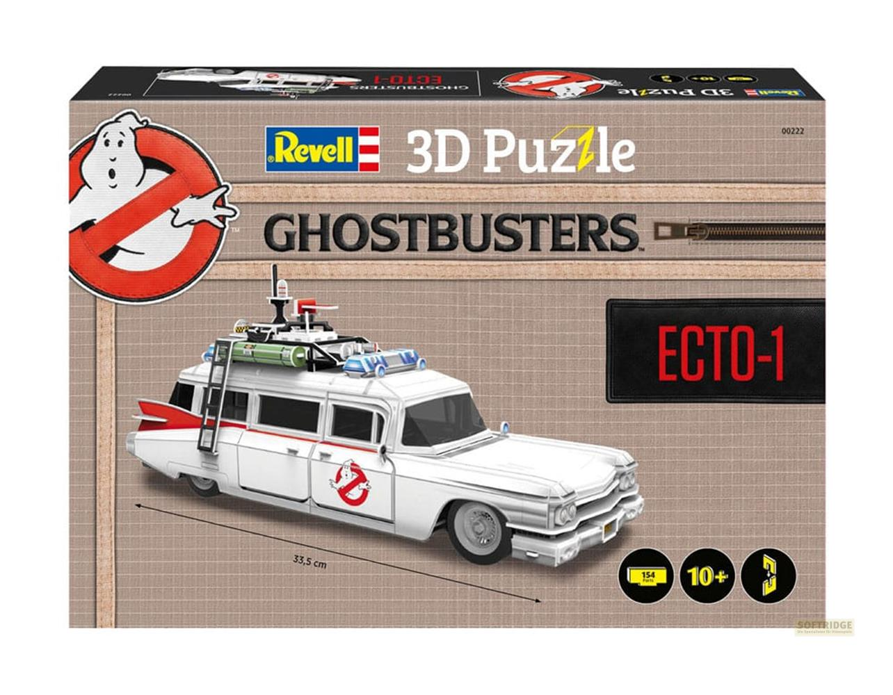 Puzzle 3D Revell Ecto-1 Ghostbusters, voiture blanche avec équipement sur le toit.