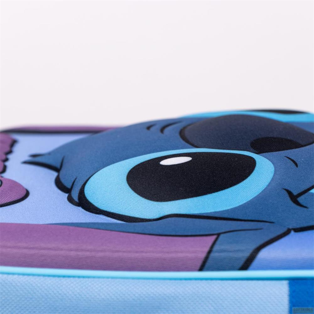 Stitch-Gesicht auf einem blauen und violetten Hintergrund, Nahaufnahme.