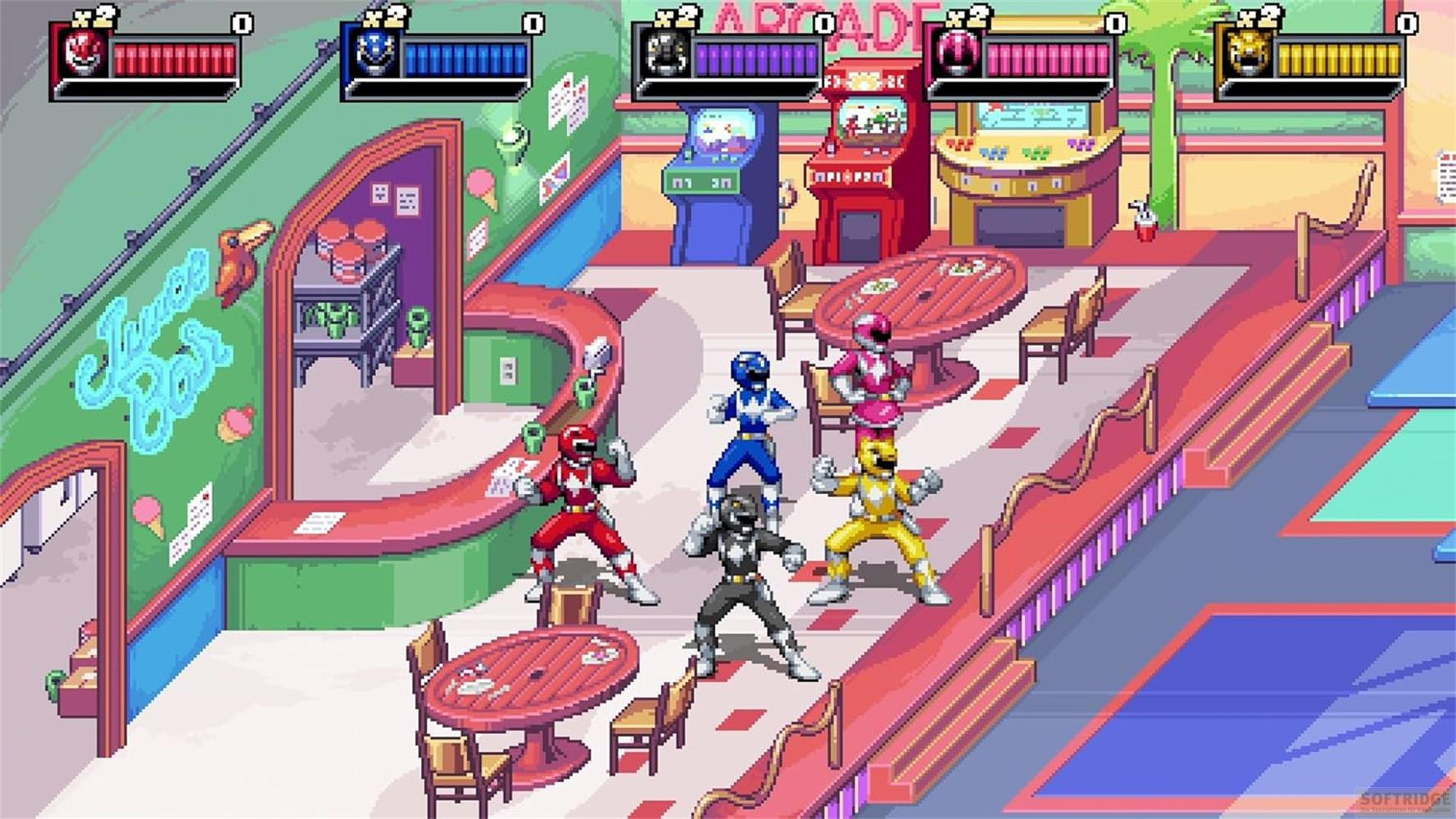 Fünf Power Rangers stehen in einem Arcade-Laden mit Tischen und Automaten.