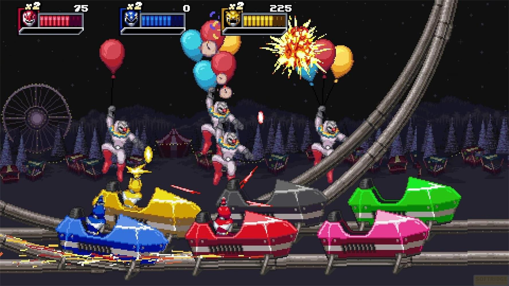Clowns auf Achterbahnwagen mit Ballons vor einem dunklen Vergnügungspark.