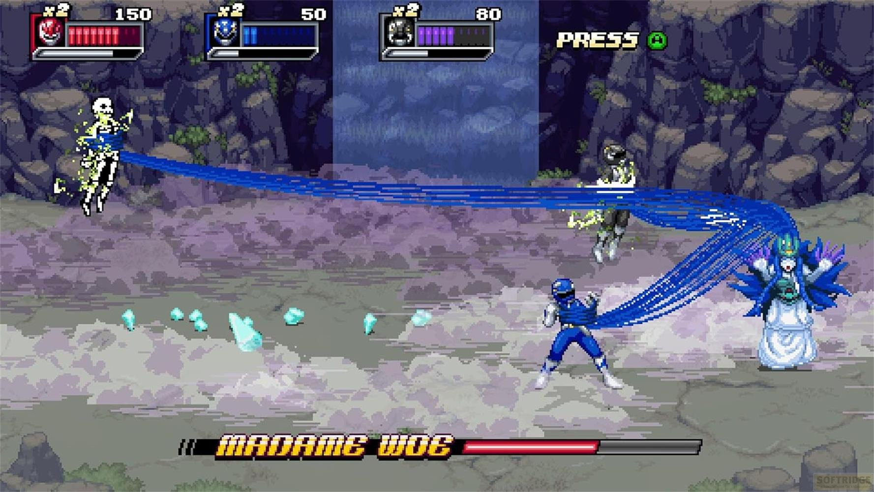 Pixel-Kampfspiel: Blauer Ranger kämpft gegen Skelett und Madame Woc.