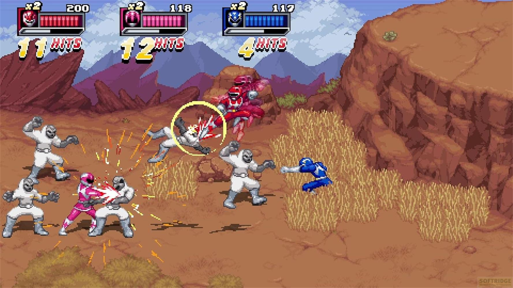 Pixel-Kampfspiel mit Power Rangers gegen weiße Kreaturen in einer Wüstenlandschaft.