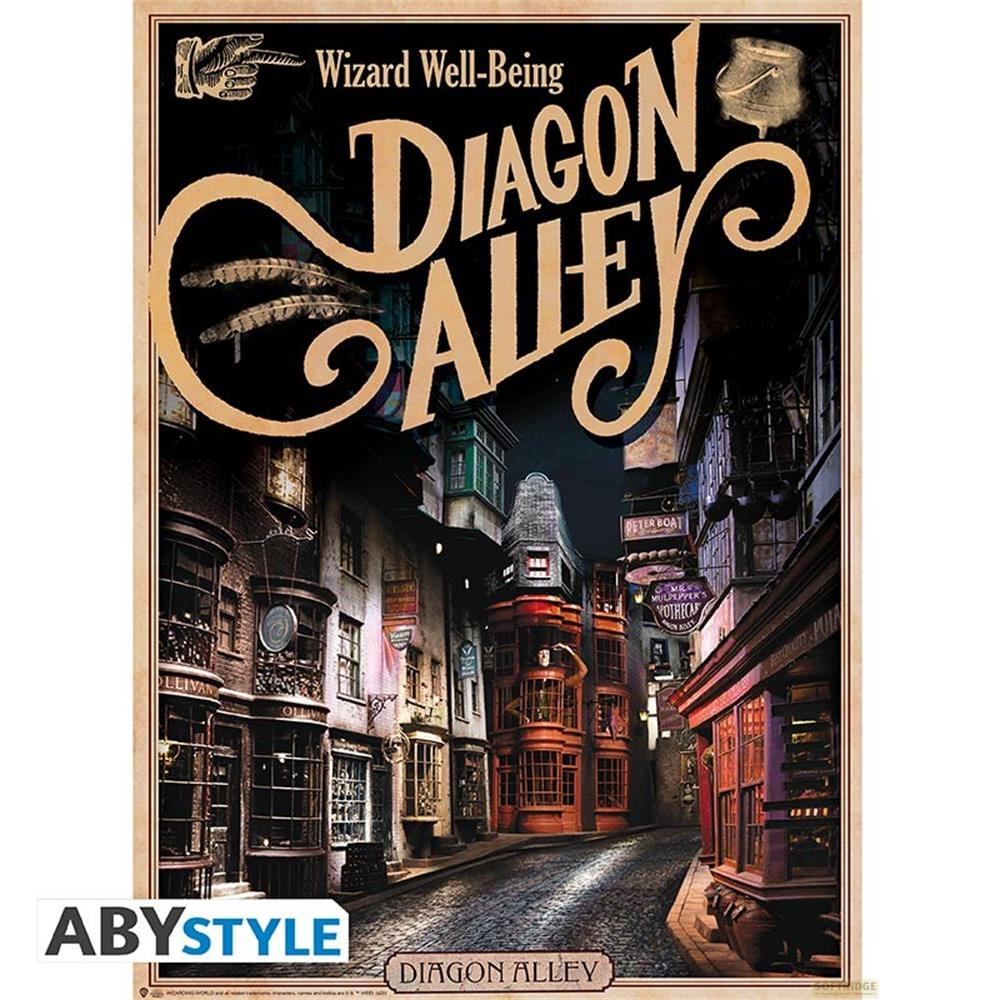 Diagon Alley Poster: Wizard Well-Being Text über Geschäften an einer kopfsteingepflasterten Straße bei Nacht.