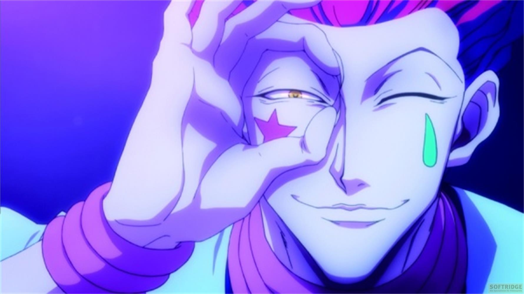 Personaggio anime con capelli viola e stella sulla guancia, guarda attraverso la mano.