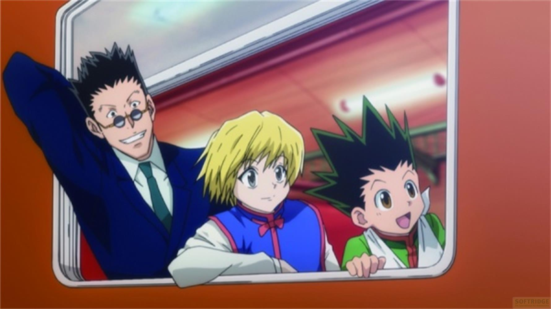 Tre personaggi anime guardano fuori da una finestra. Un uomo con occhiali, un ragazzo biondo, un ragazzo con capelli neri.