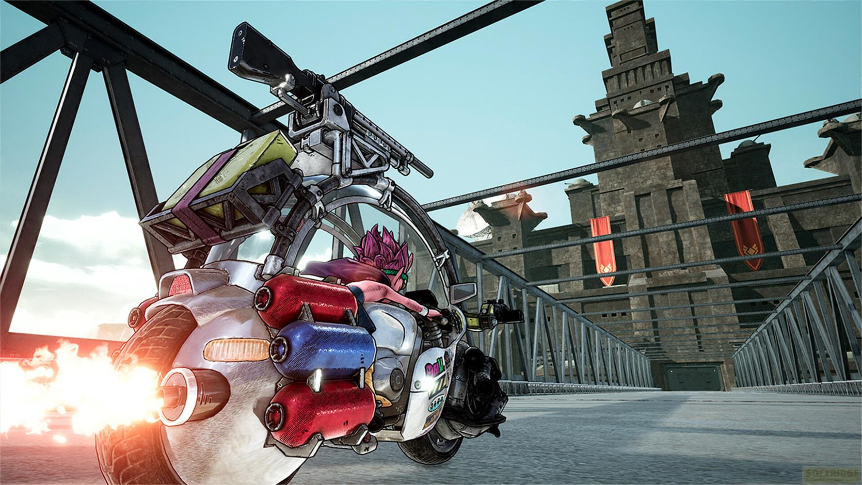 Eine Frau mit pinken Haaren fährt auf einem Motorrad mit Waffe, Flammen schießen aus dem Auspuff.