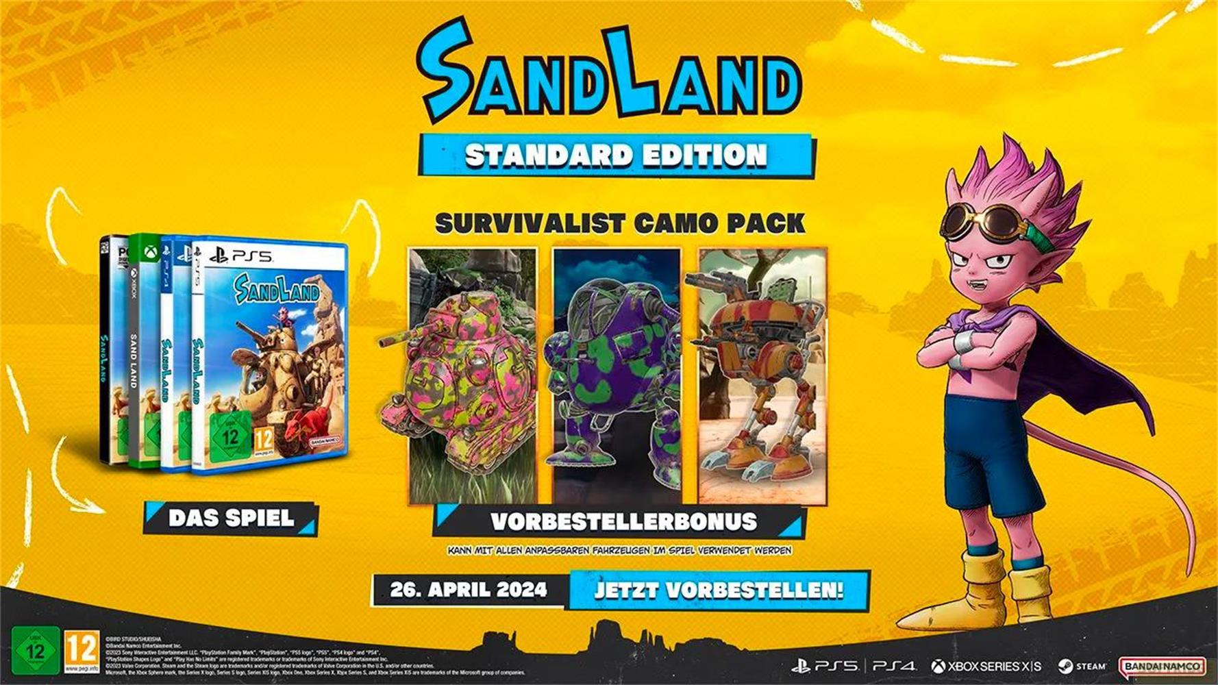 Sandland Spielboxen, bunte Fahrzeug-Skins und ein Charakter mit Brille.