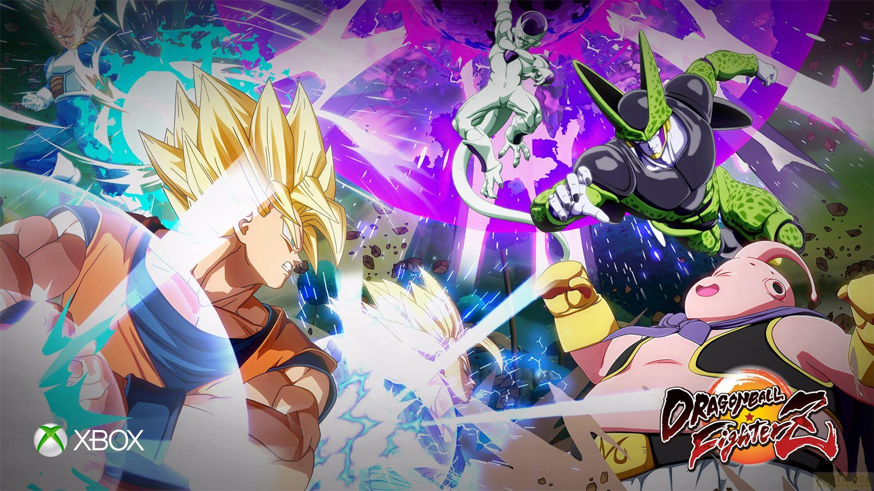 Goku walczy z Cellem, Friezą i Buu. Vegeta w tle. Logo Xbox.