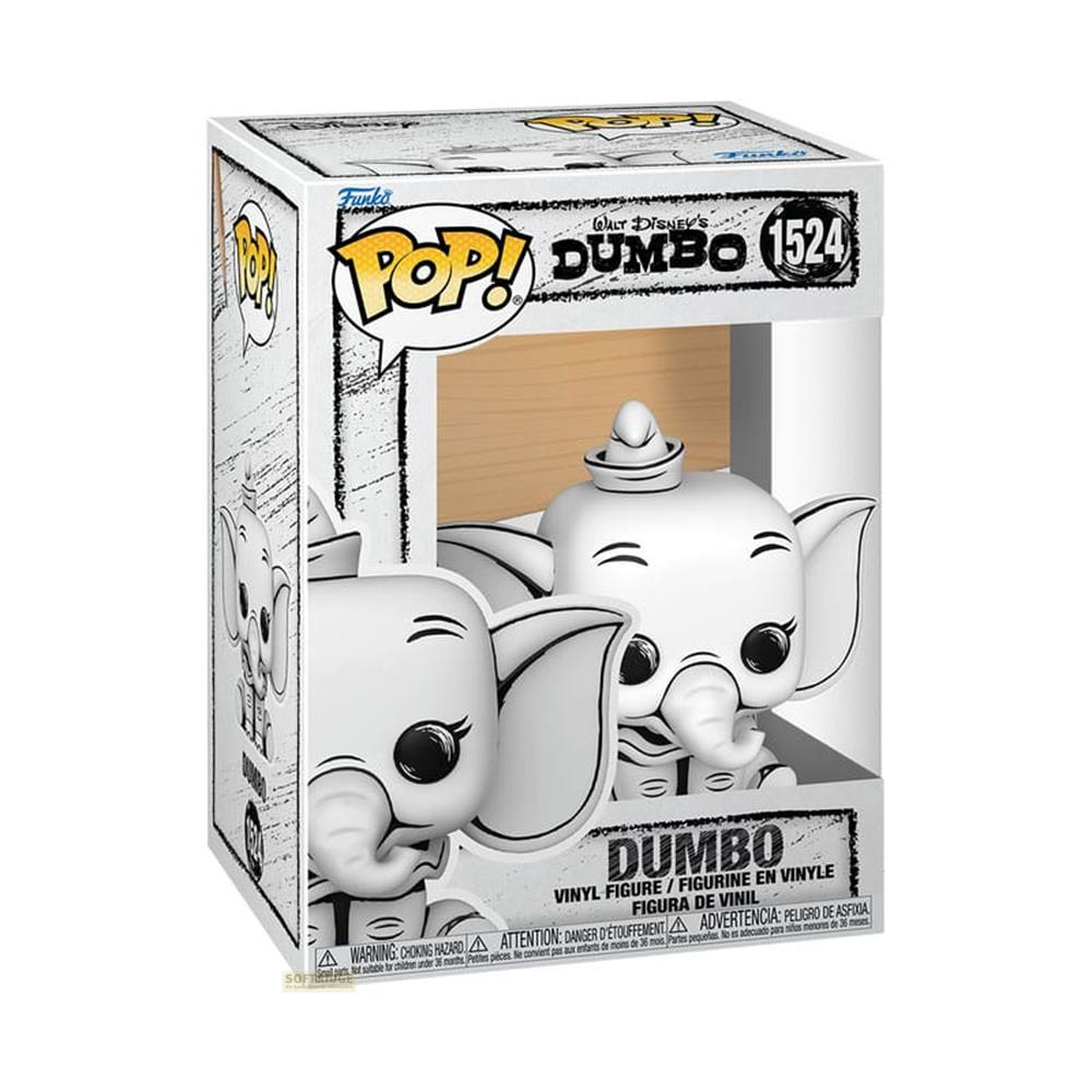 Una figura blanca Funko Pop! Dumbo con su sombrero, en su caja.