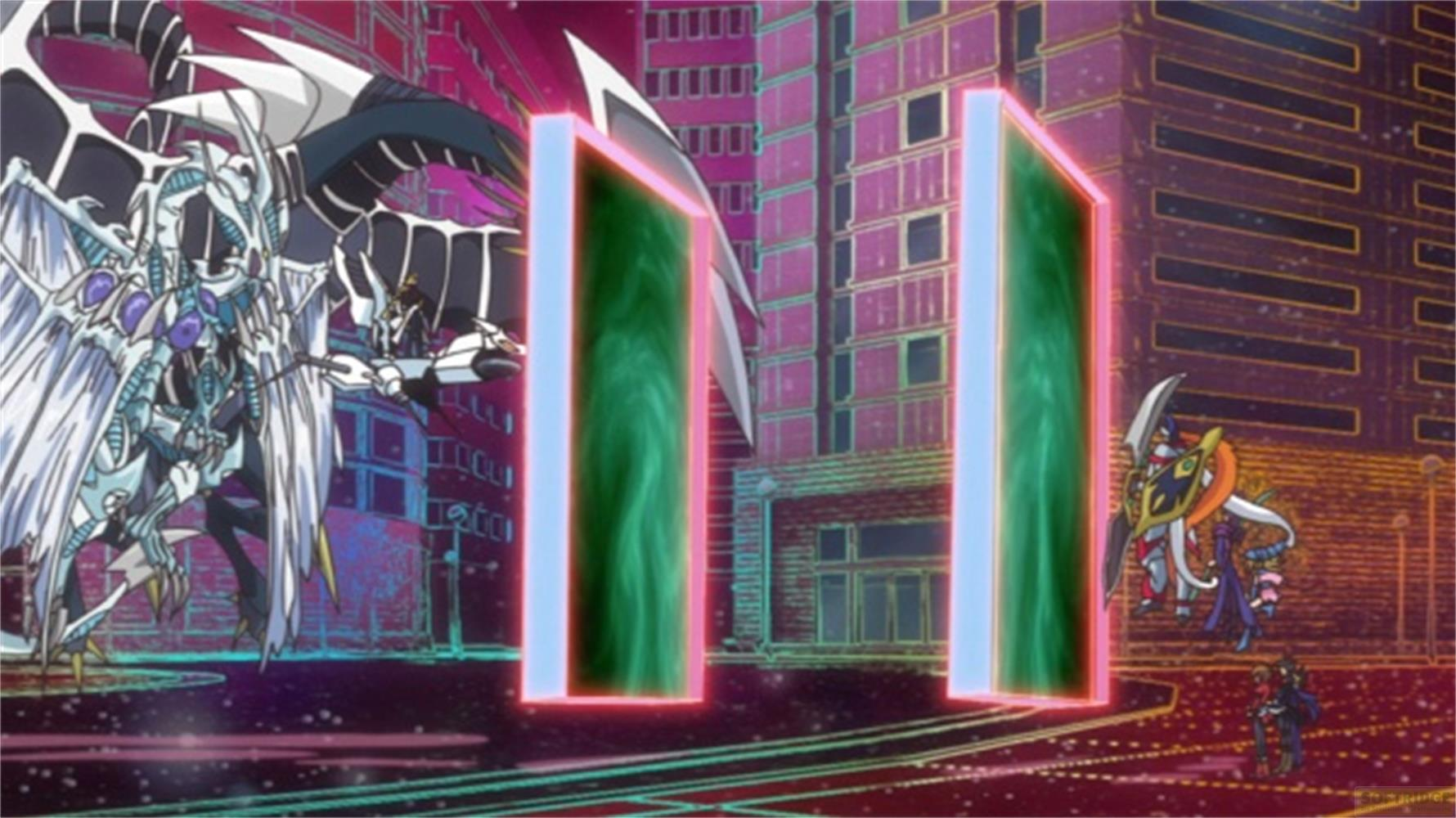 Ein weißer Drache steht vor einer Stadt mit zwei grünen Portal-Säulen.