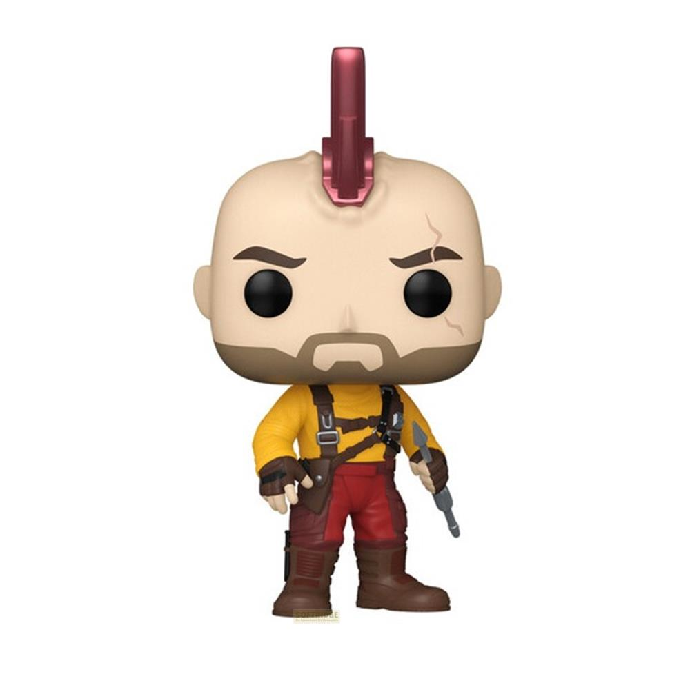 Statua Funko Pop di un uomo con cresta, camicia gialla e pantaloni rossi.