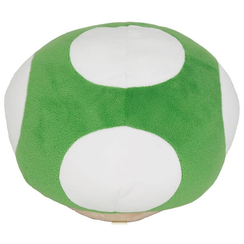 Ein grüner Pilz-Plüsch mit weißen Kreisen, inspiriert von Super Mario.
