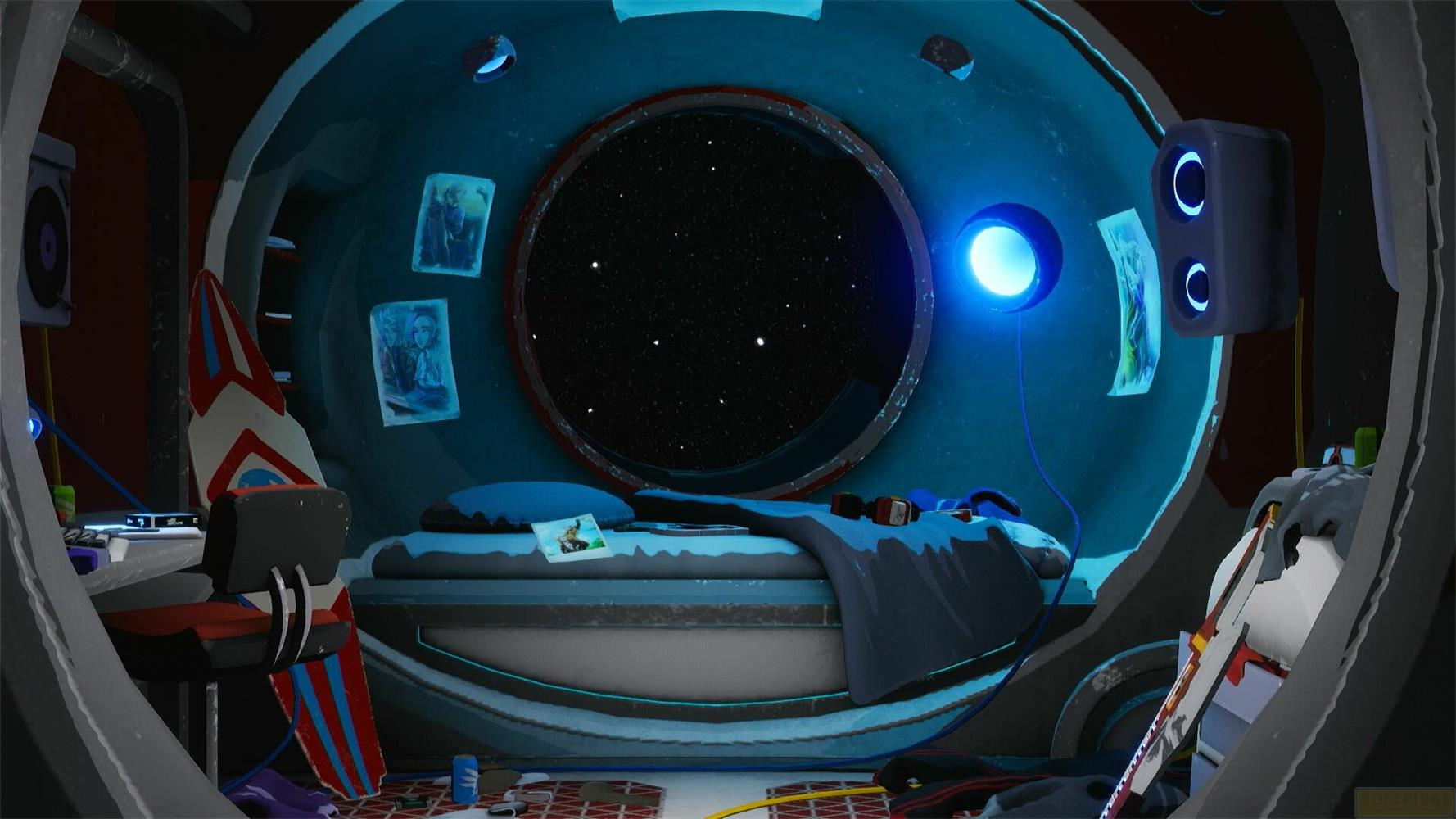 Ein Schlafzimmer mit Sternenhimmel-Fenster, Bett, Surfbrett und blauen Lichtern.