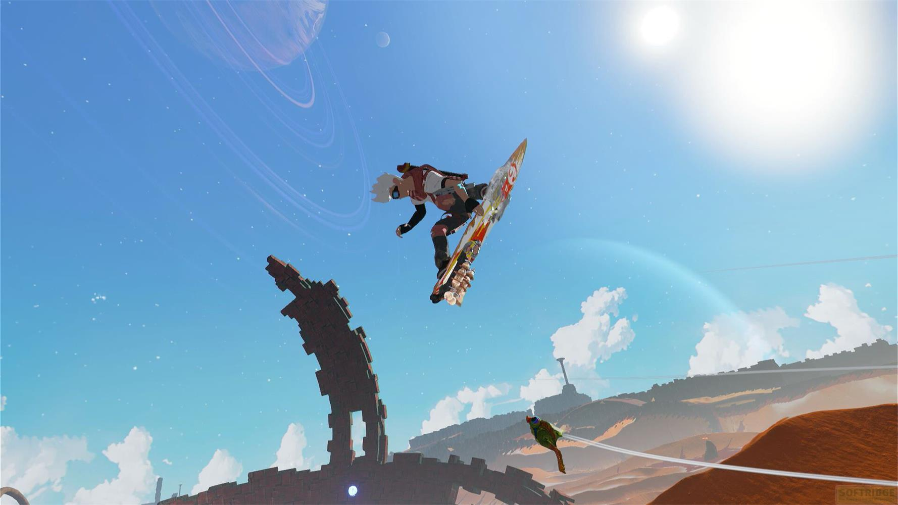 Ein Snowboarder springt in der Luft mit einem Planeten und Ringen im Hintergrund.