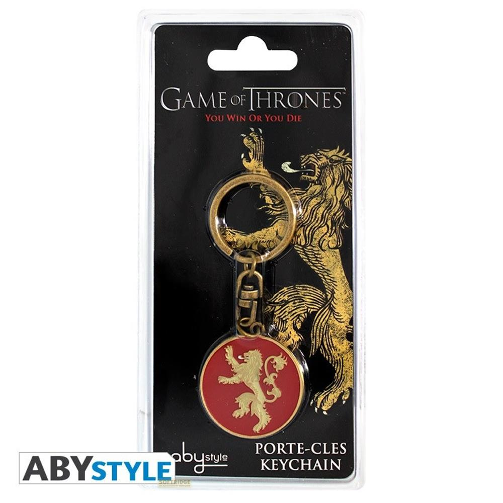Game of Thrones Schlüsselanhänger mit Löwenmotiv auf rotem Kreis.