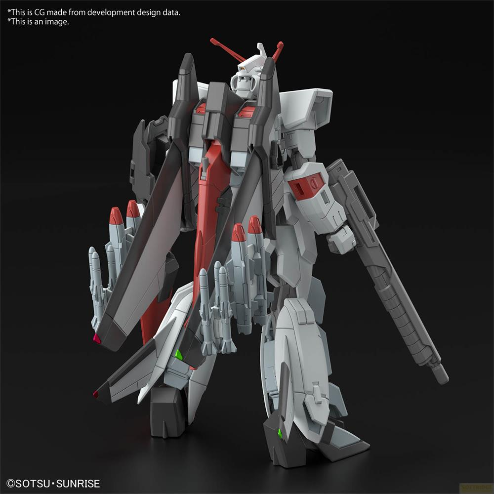 Un robot blanc et gris avec des missiles et un pistolet sur fond noir.