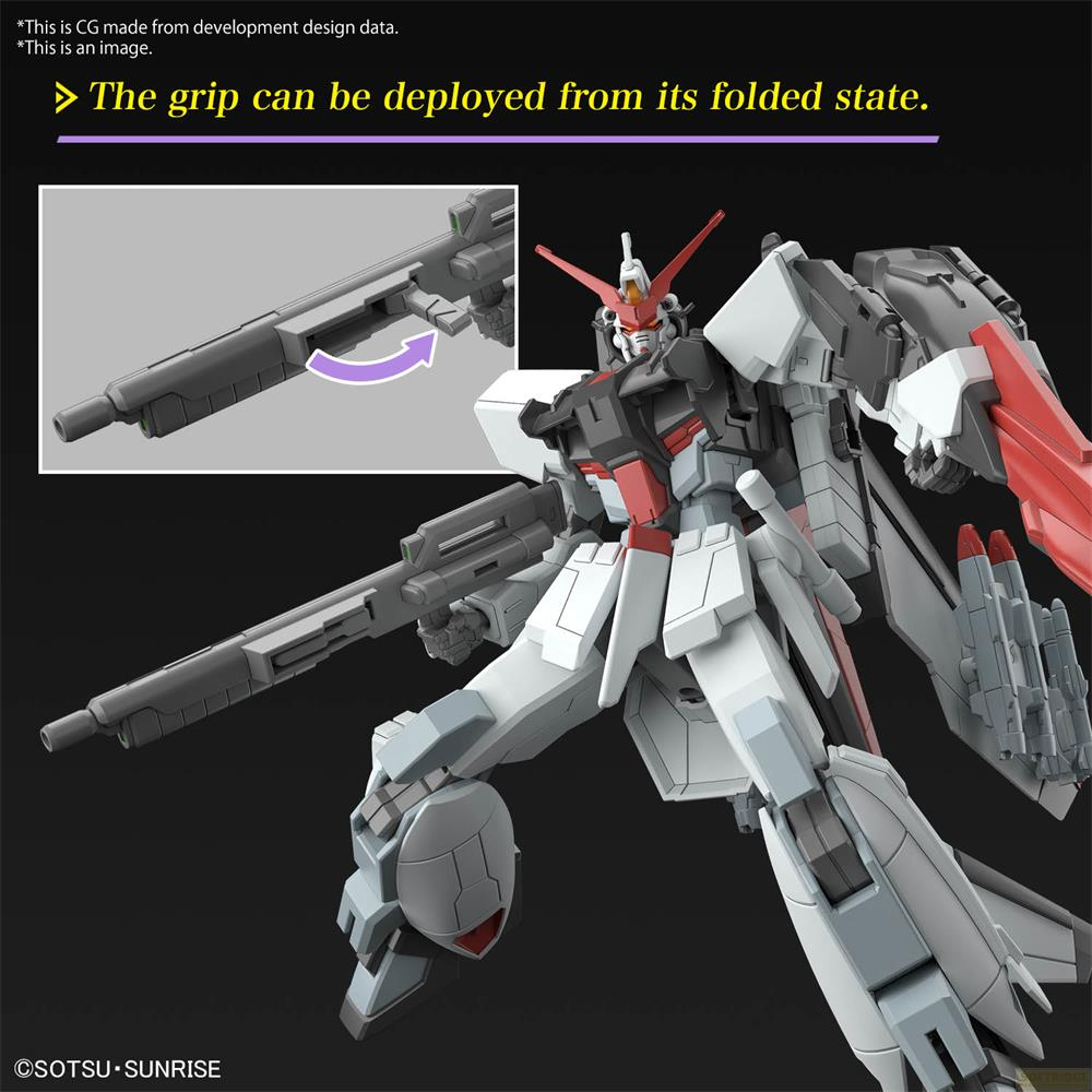 Un mécha blanc et gris aux accents rouges tient un fusil. Gros plan d'une poignée déployée.