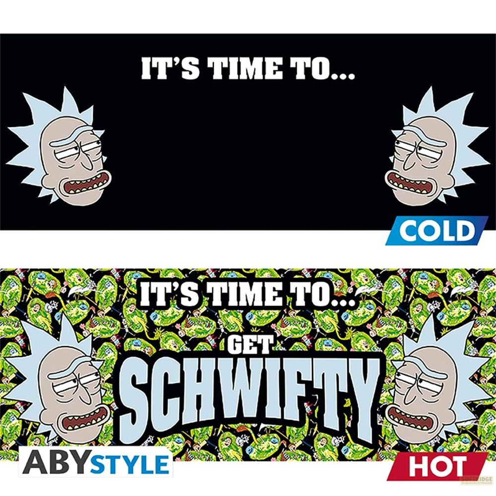 Caras de Rick Sanchez sobre fondo negro. "Es hora de... FRÍO" y "Es hora de PONERSE SCHWIFTY".