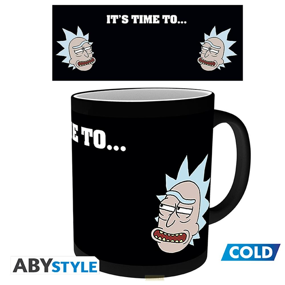 Taza negra con Rick Sanchez y texto.