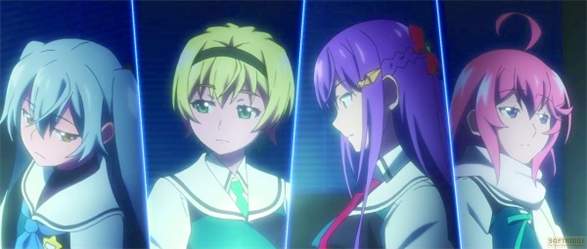 Quattro ragazze anime con diversi colori di capelli sono fianco a fianco in uniforme.