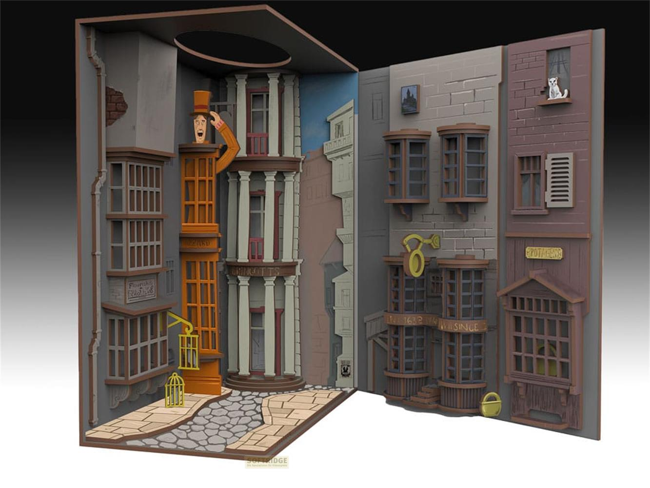 Diorama di una strada con edifici, un uomo con cilindro e un gatto alla finestra.