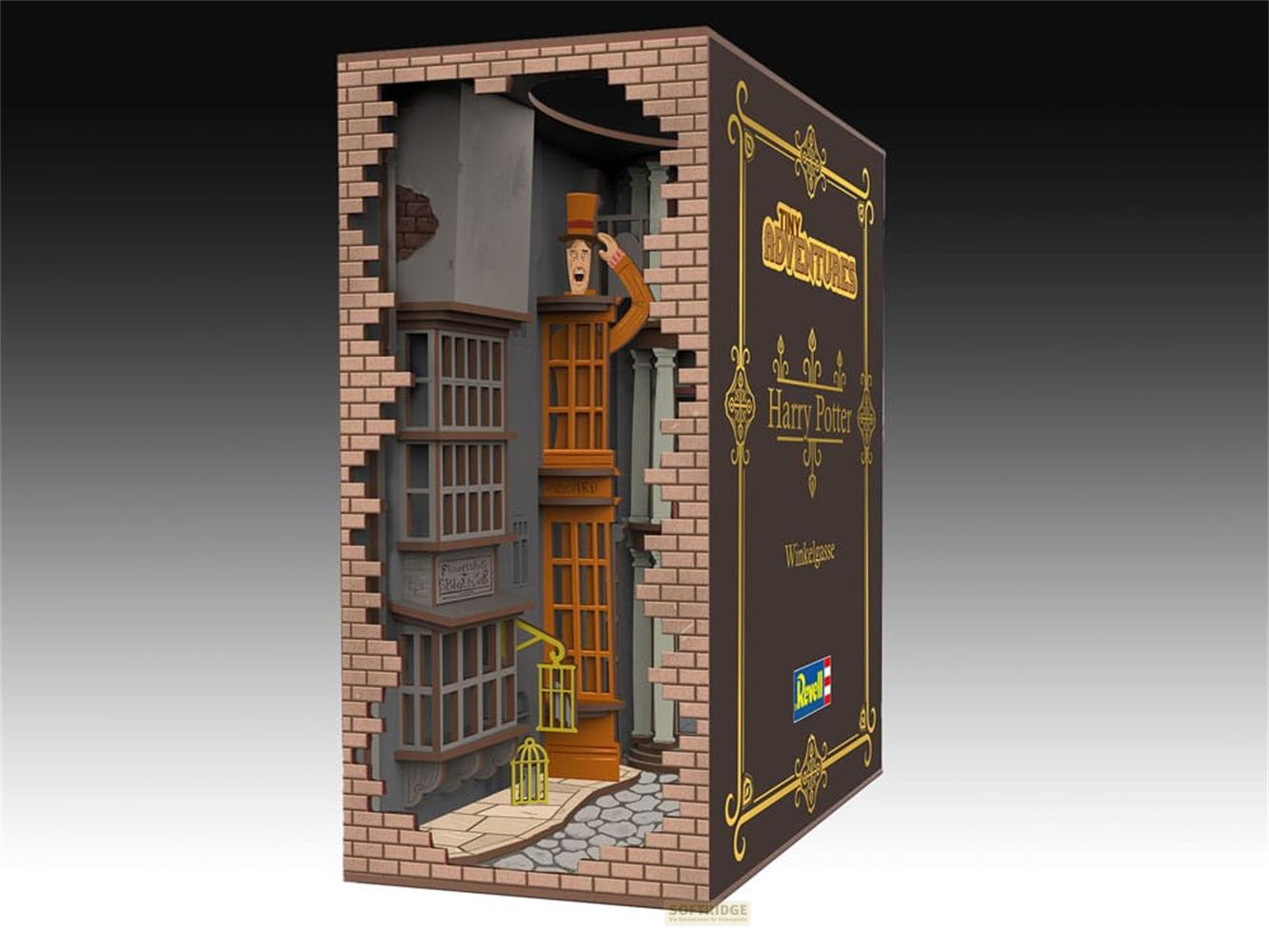 Modello Harry Potter: Scena di Diagon Alley con figura in cappello e negozi.